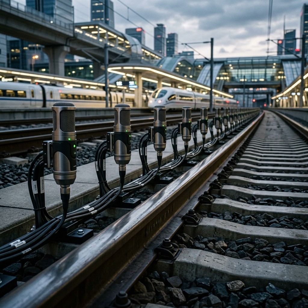 Distributed Acoustic Sensing analogy - a string of microphones along a railway monitoring railway hazards and threats
